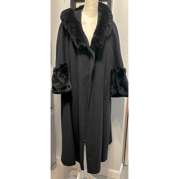 Vintage Retro 1960s wool swing black coat midi, fur, 3/4 sleeves open front-M - Picture 3 of 12